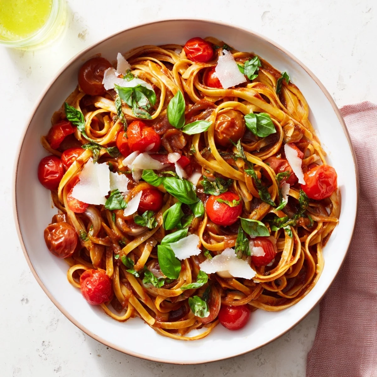 Close-up of the flavorful Cozy Fireplace One-Pan Tomato Basil Pasta, ready for a warm dinner.