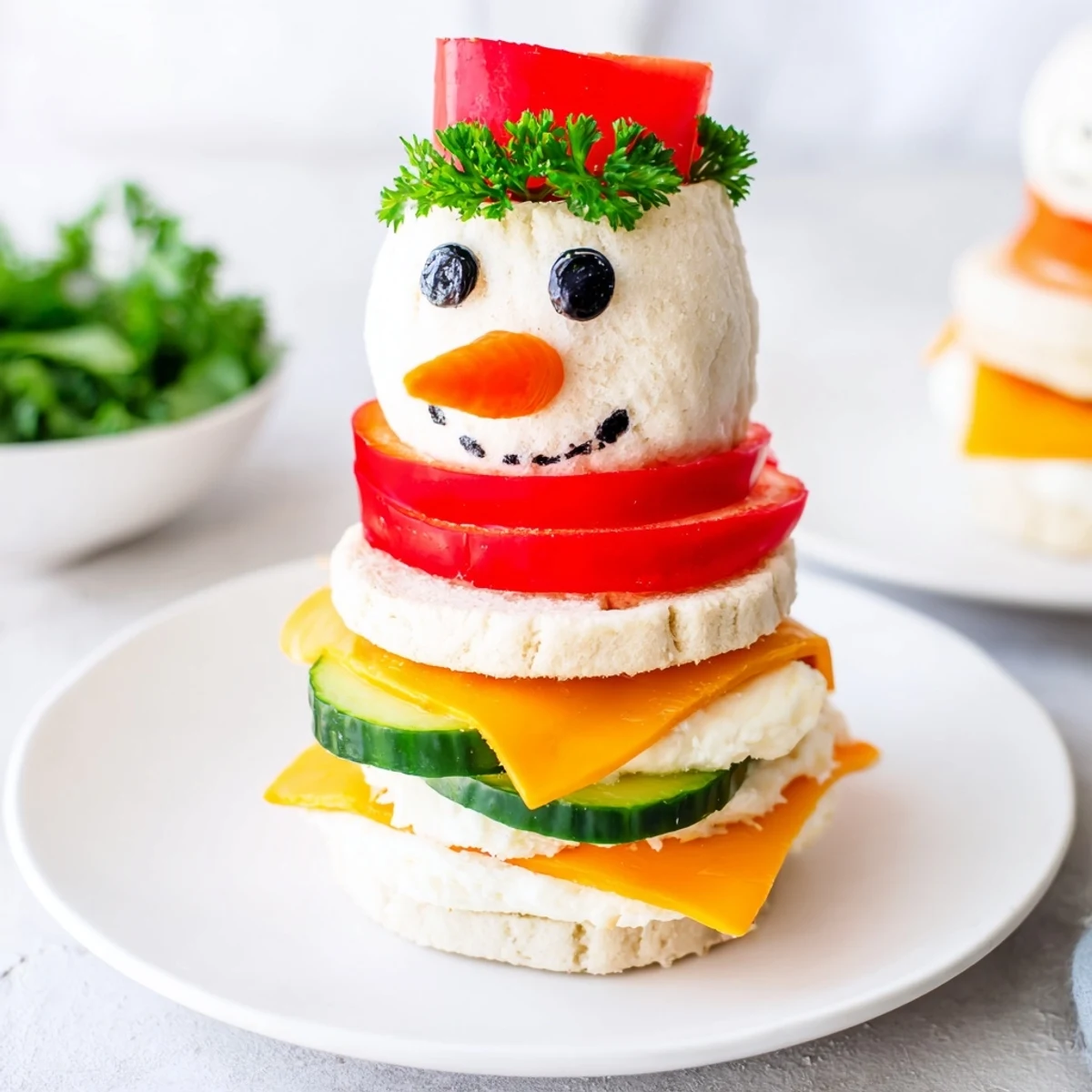 Snowman Sandwich Stack, a festive arrangement of bread, cheese, and vegetables creating a wintery lunch scene.