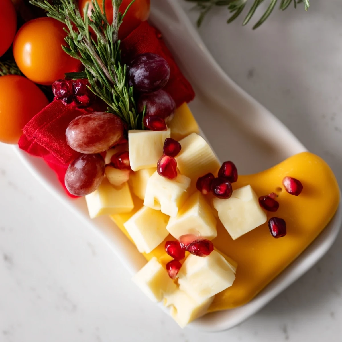Christmas Stocking Snack Tray overflowing with colorful cheeses, fruits, and crackers perfect for a holiday party.
