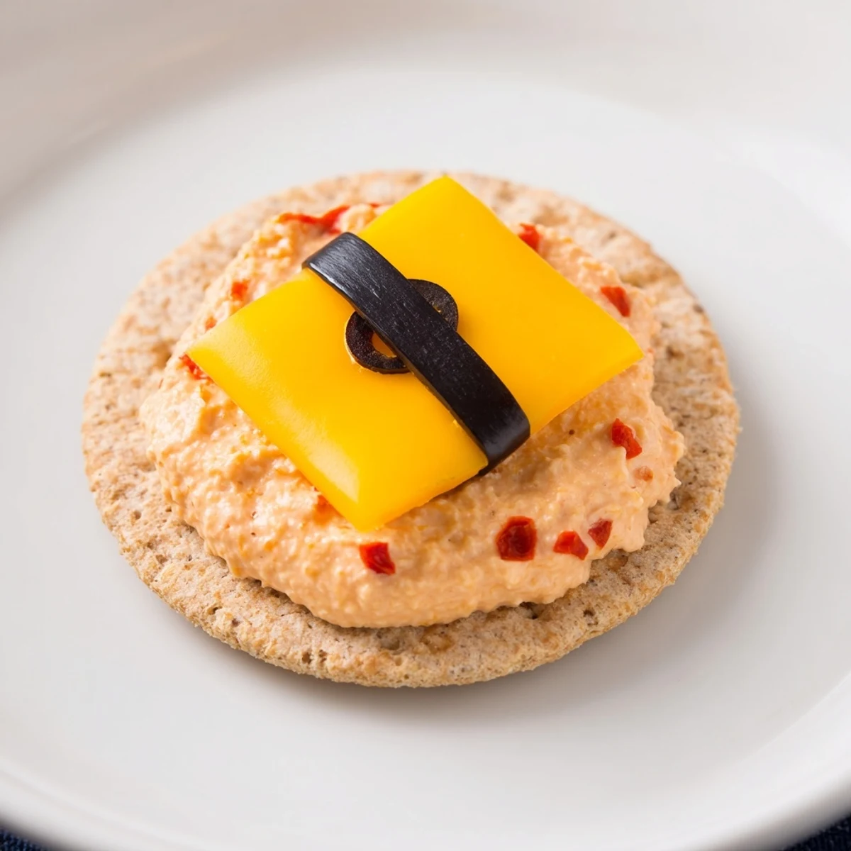 Festive Santa's Belt Crackers & Dip: creamy red pepper dip atop cheesy crackers, ready to be enjoyed.