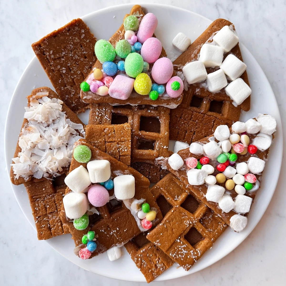 A beautifully arranged Gingerbread House Board, complete with colorful candies and inviting gingerbread shapes ready for building and decorating.