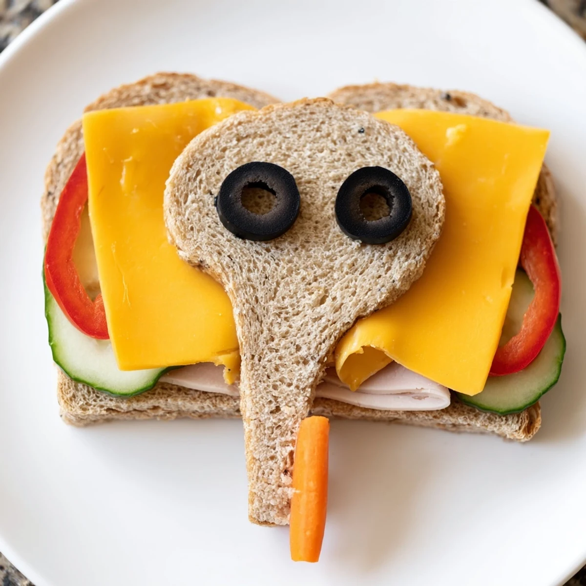 Plump Big Top Elephant Sandwiches, festive with colorful veggies and olive eyes, ready to serve.