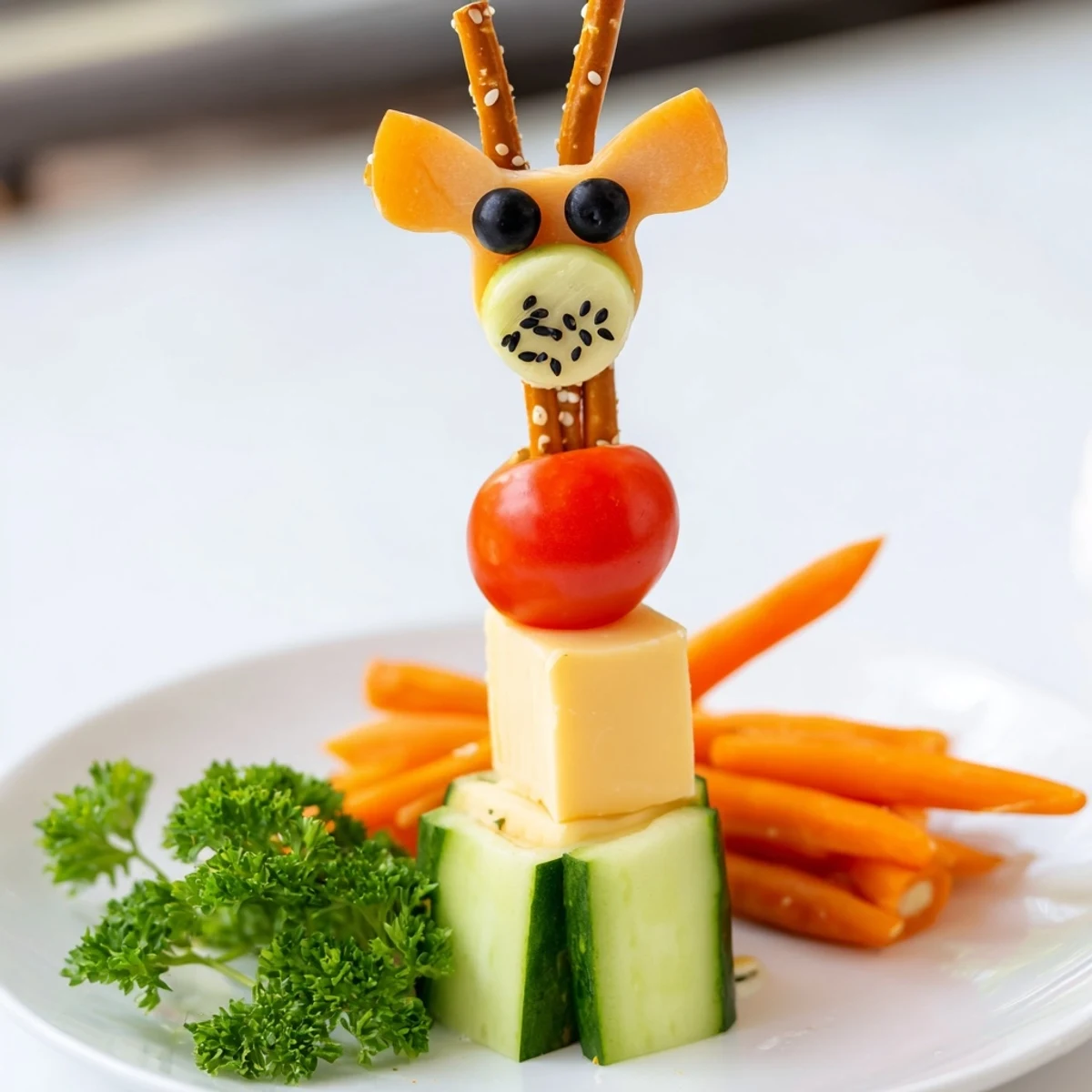 Long-Necked Giraffe Snack Towers with colorful vegetables, cheese, and pretzel necks, fun for kids.