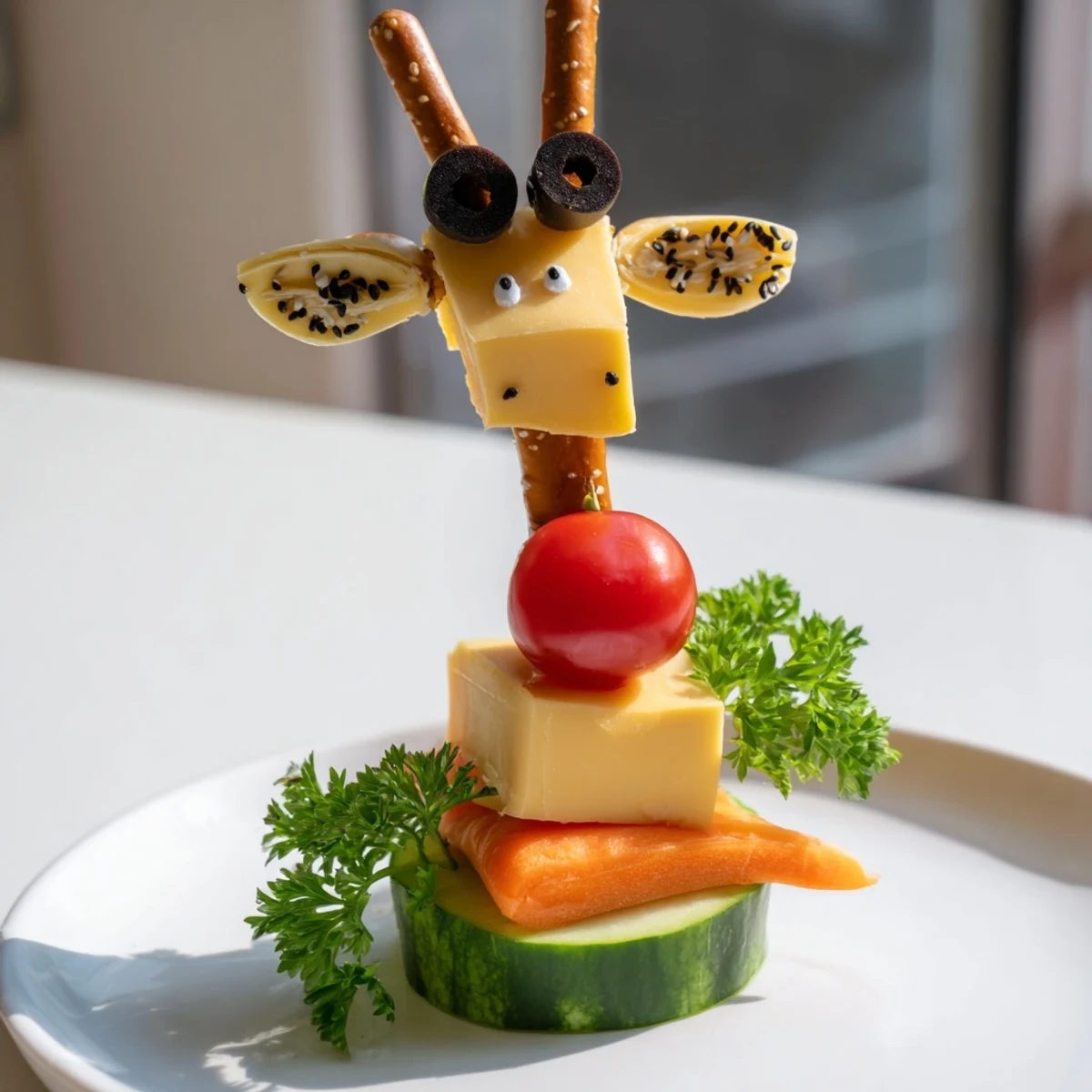 Kids will love these adorable Long-Necked Giraffe Snack Towers featuring cheese cubes, veggie bodies, and pretzel necks.