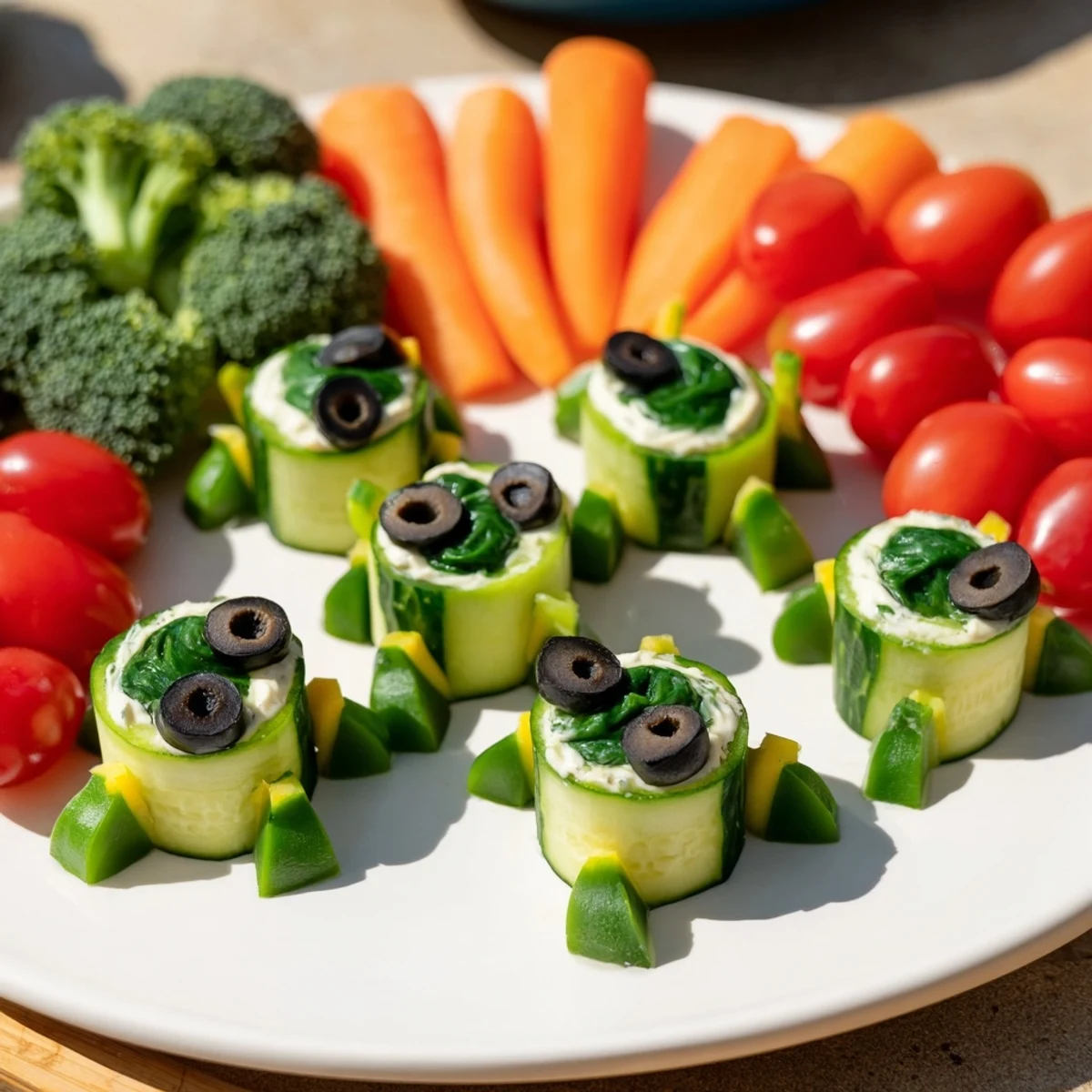 A colorful platter of Slow & Savory Turtle Crudités, a whimsical vegetarian appetizer for kids.