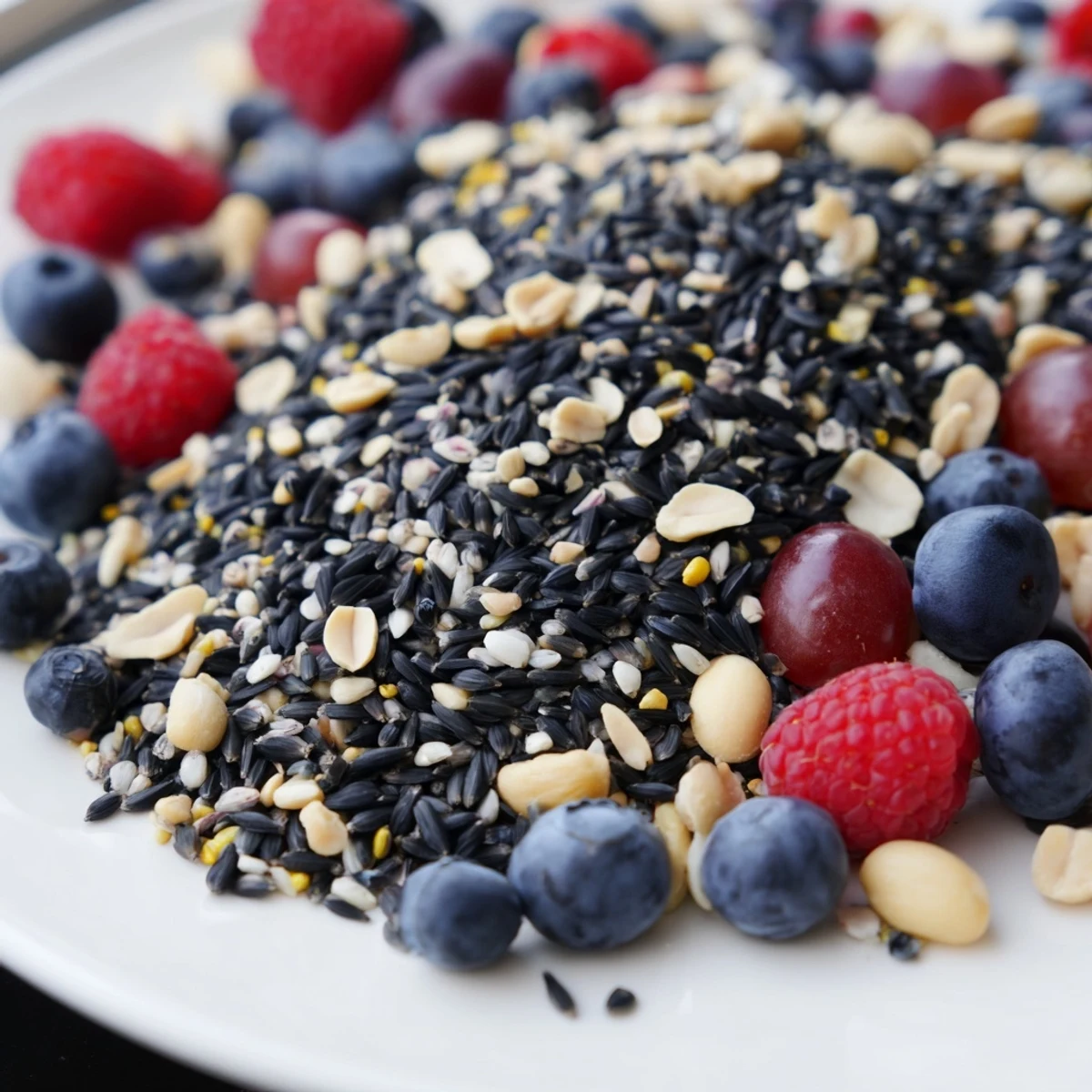 A colorful singing bird seed & berry platter, overflowing with fresh berries and sunflower seeds for a tasty treat.