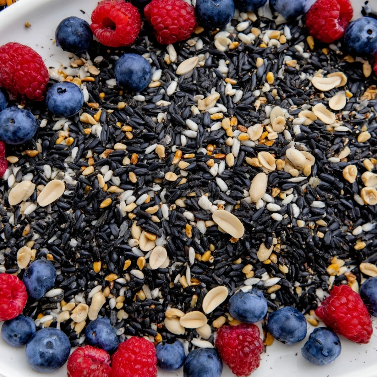 This vibrant singing bird seed & berry platter features plump blueberries and nuts, ready for feathered friends to enjoy.