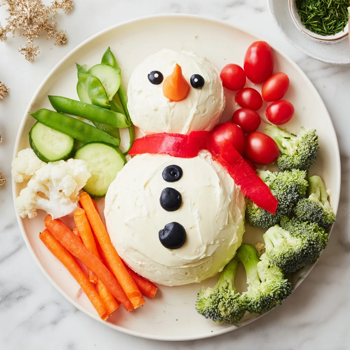 This delightful Snowman Veggie Dip Platter features a snowman made from creamy dip and colorful vegetables.