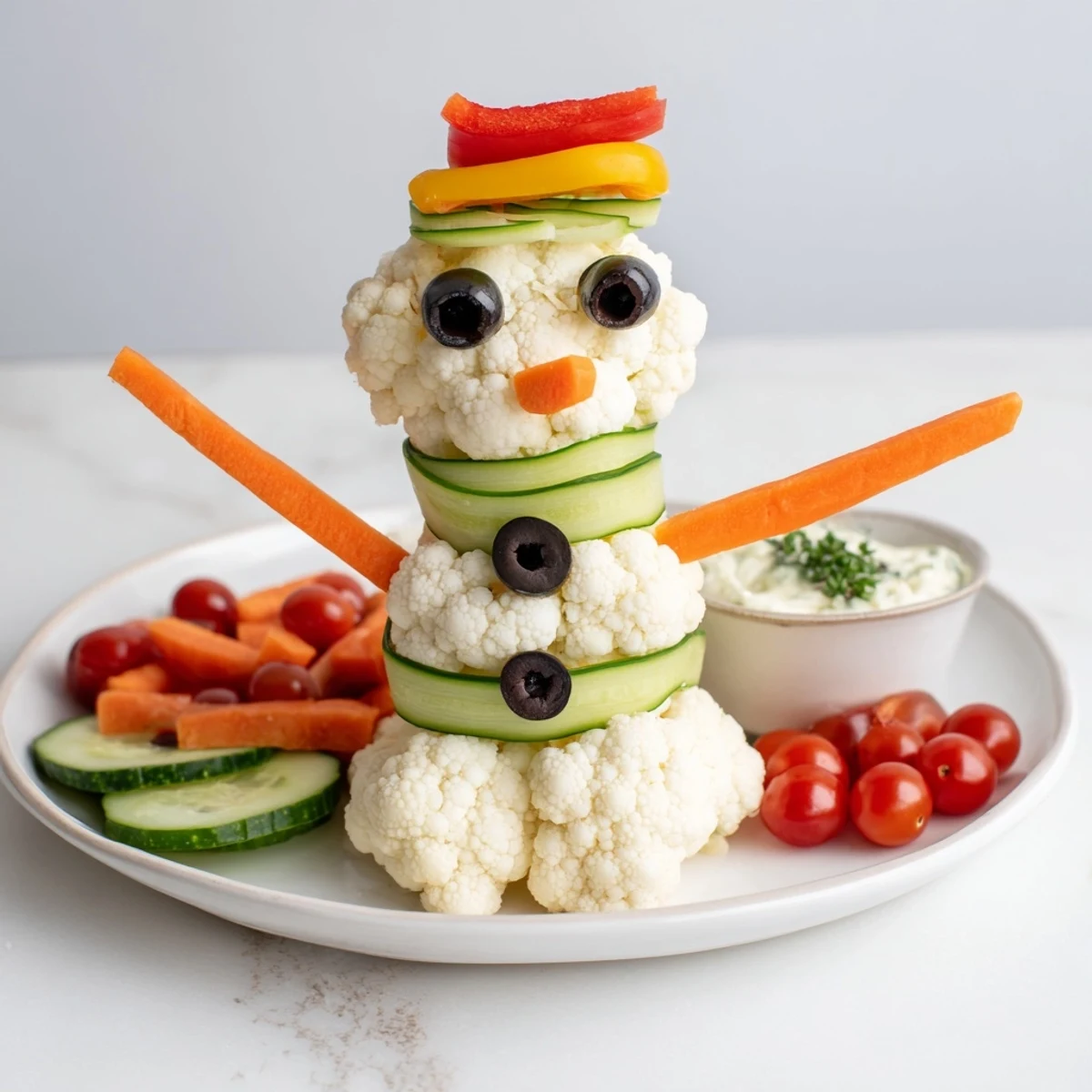 Crisp veggies create an adorable snowman crudités platter, served with a flavorful, creamy herb dip.