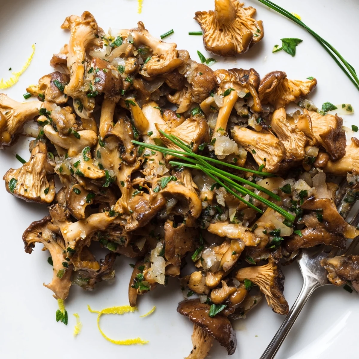 Sizzling Enchanted Forest Mushrooms, golden brown, with fresh thyme and a bright lemon garnish.