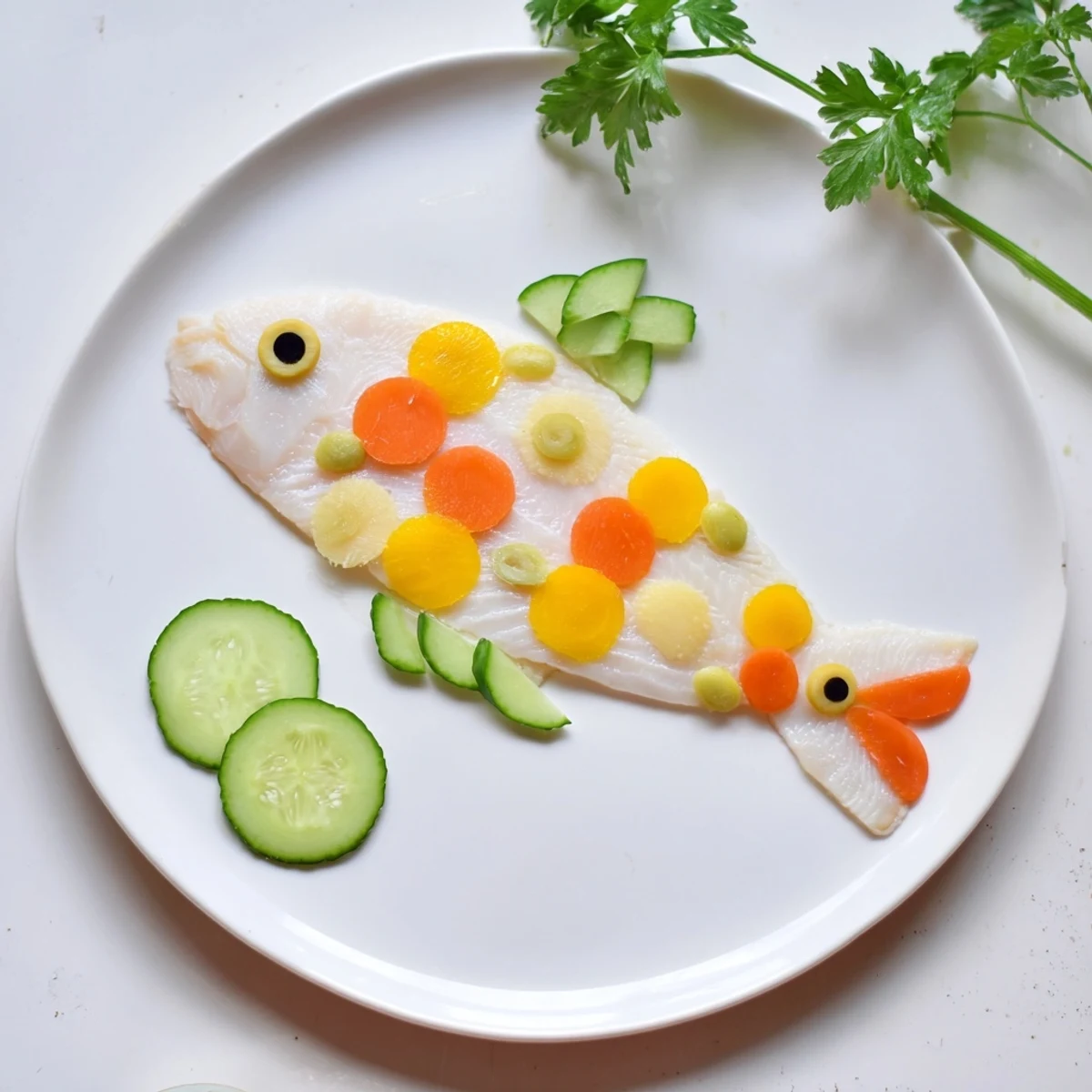 Delicate, oven-baked Light Fish-Shaped Meal with vibrant veggies and a delightful garnish.