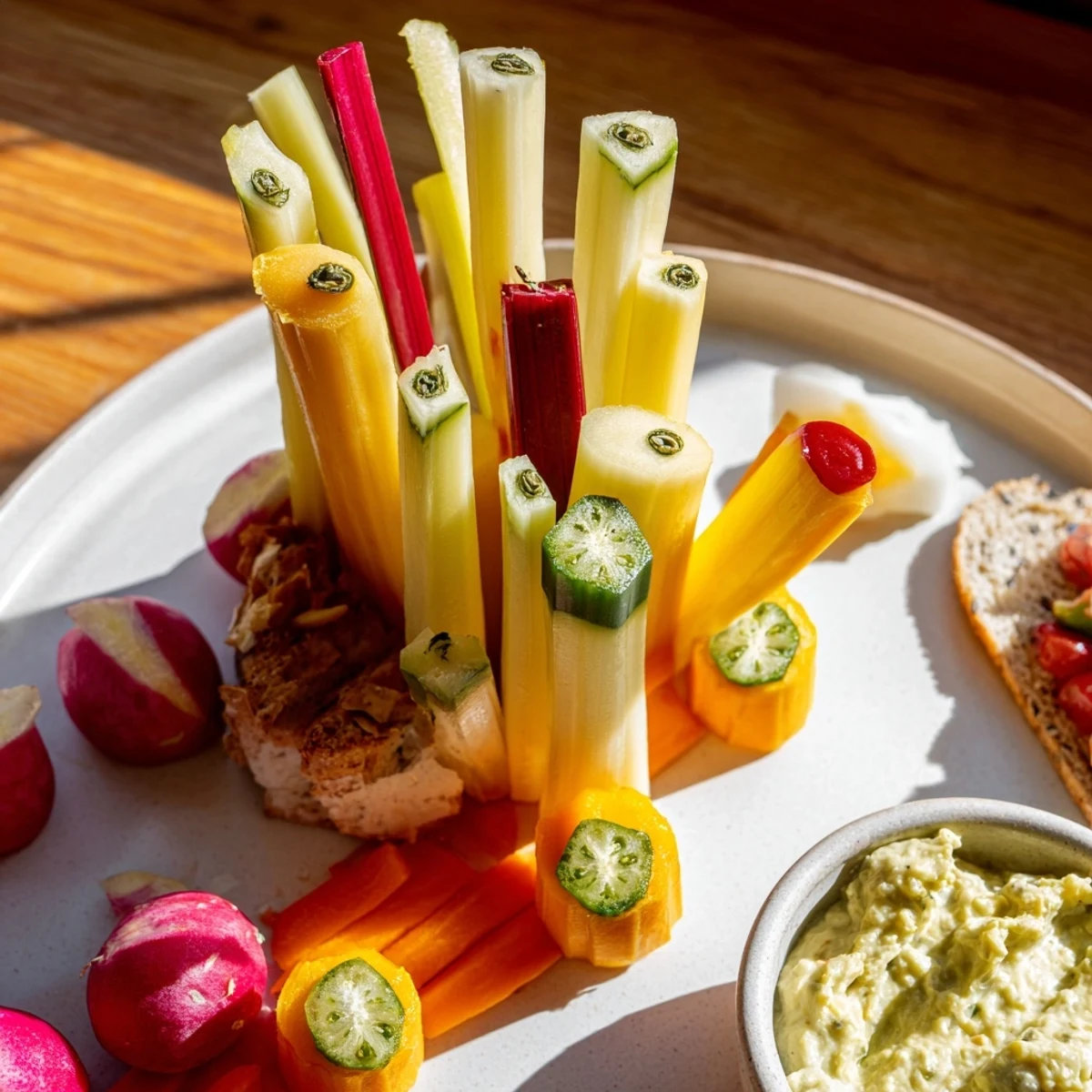 Vibrant Autumn Hedgehog Dip Platter featuring fresh veggie spines and various delicious dips for dipping.