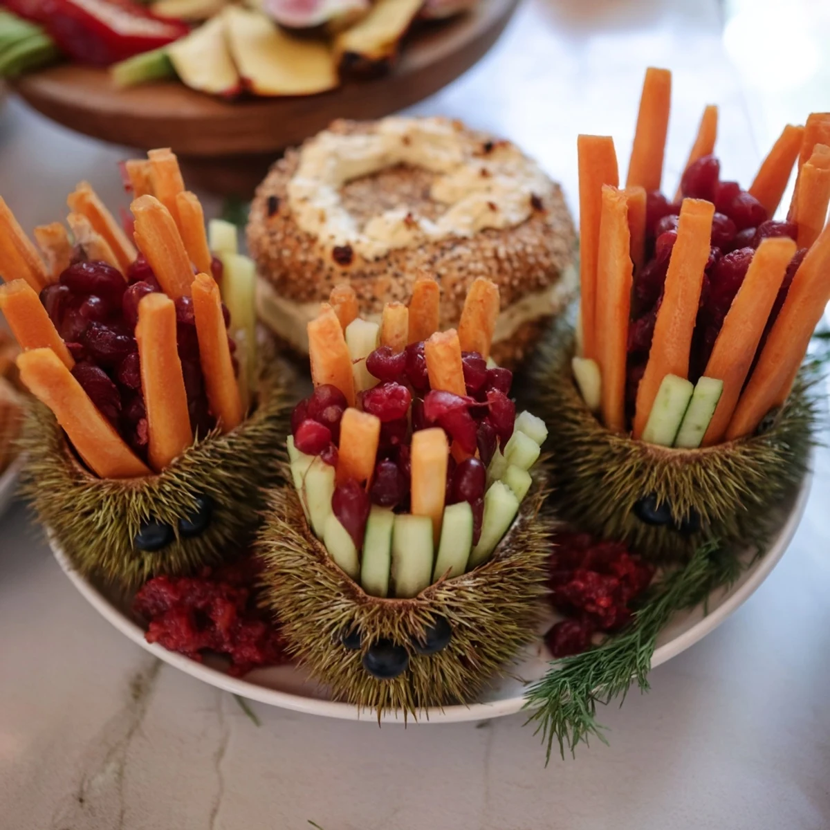 The adorable Autumn Hedgehog Dip Platter showcases a creative arrangement of colorful vegetables and flavorful dips.