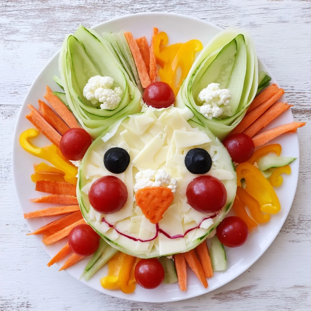Easter Bunny Spring Platter brimming with colorful fresh veggies, dips and snacks, ready to serve.