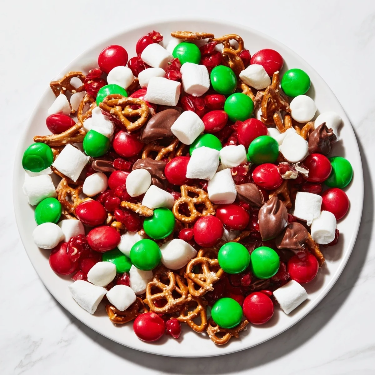 Festive Elf Snack Trail Mix Board overflowing with colorful candies, pretzels, and dried fruits for easy holiday snacking.