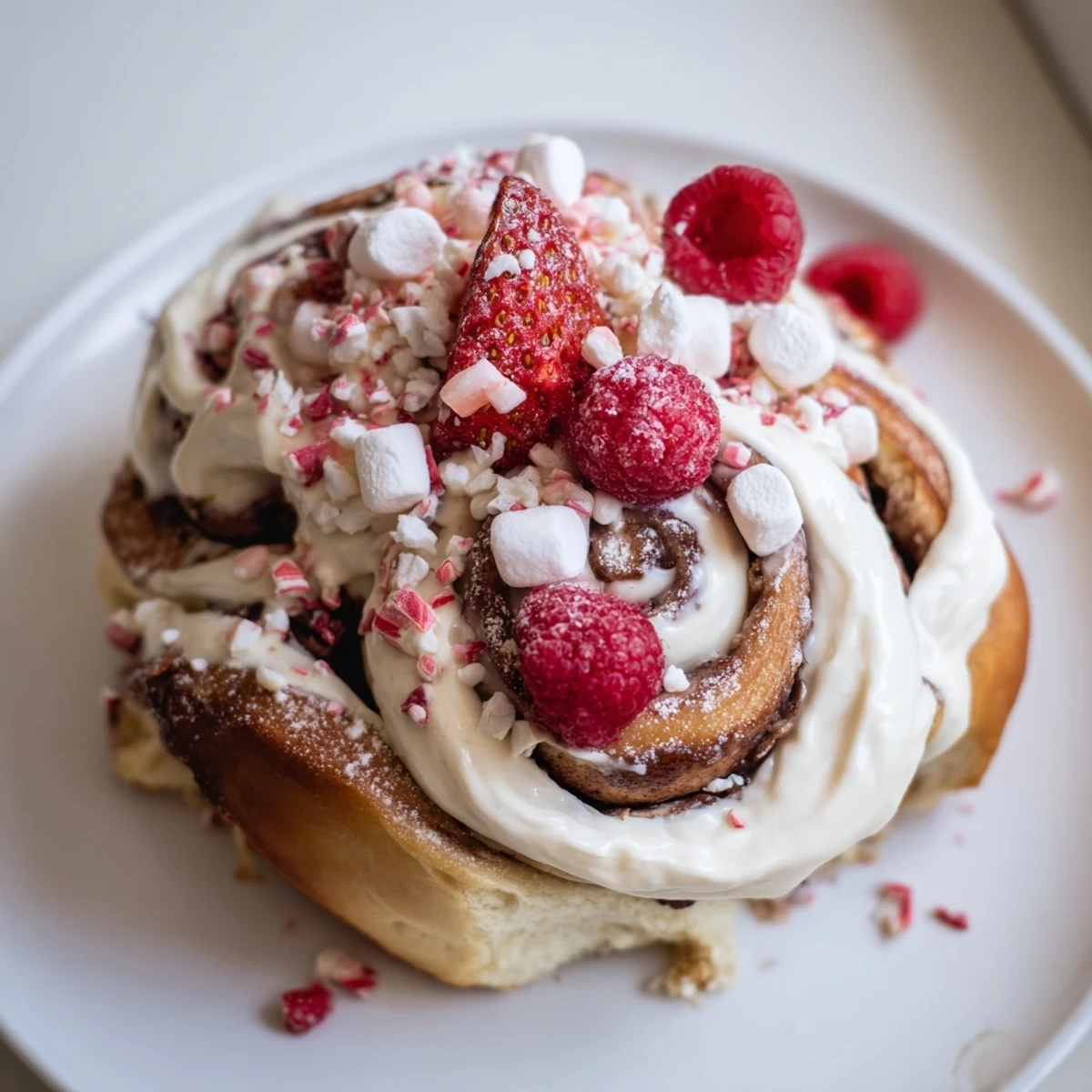 Warm, gooey North Pole Cinnamon Rolls with a holiday theme, plus fresh berries and mint arranged on a board.