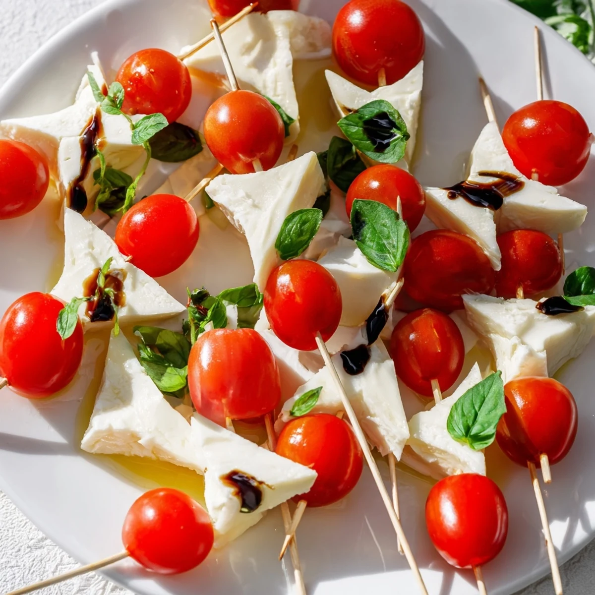 Bright red cherry tomatoes and creamy mozzarella stars make up these fresh Caprese skewers.