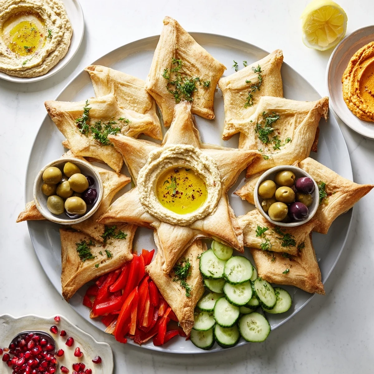 Star-shaped pita bread artfully arranged on a board with colorful dips, part of the Three Kings Star Pita Board.