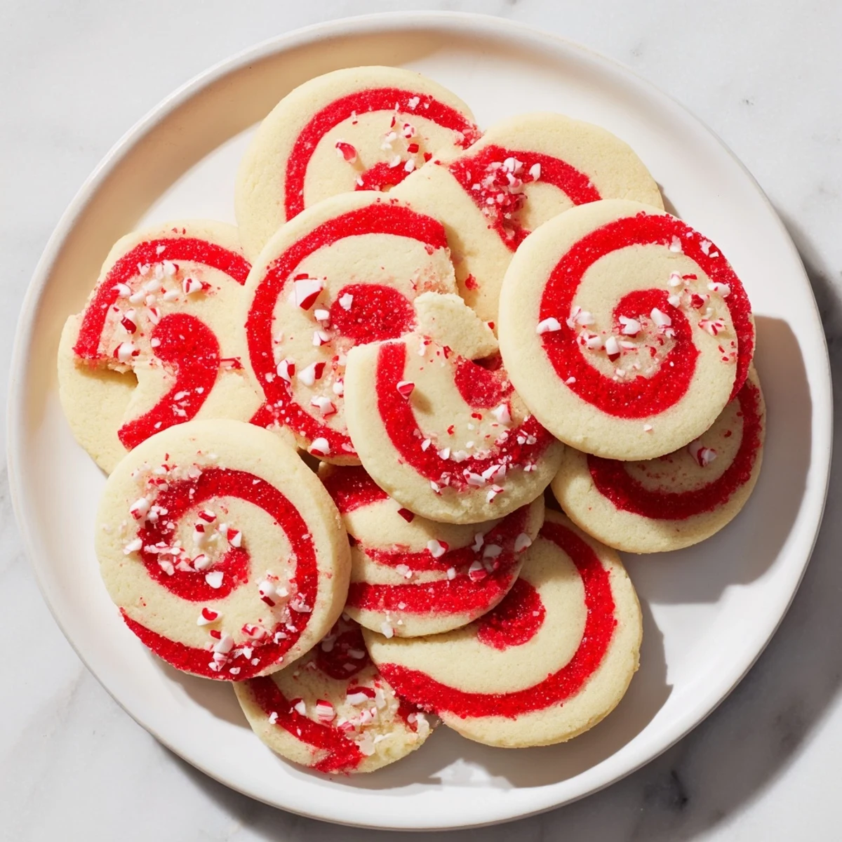 Warm, inviting plate of Candy Cane Swirl Cookies, ready to enjoy during the holidays.