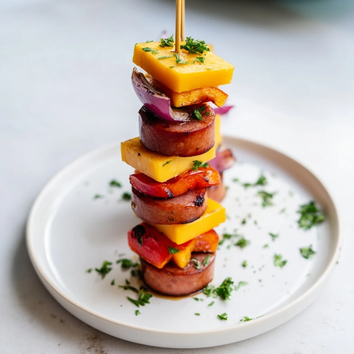 Delicious Savory Skewers: Chimney Stack Sausage and Cheese, featuring smoky sausage, melted cheese, and grilled red peppers.
