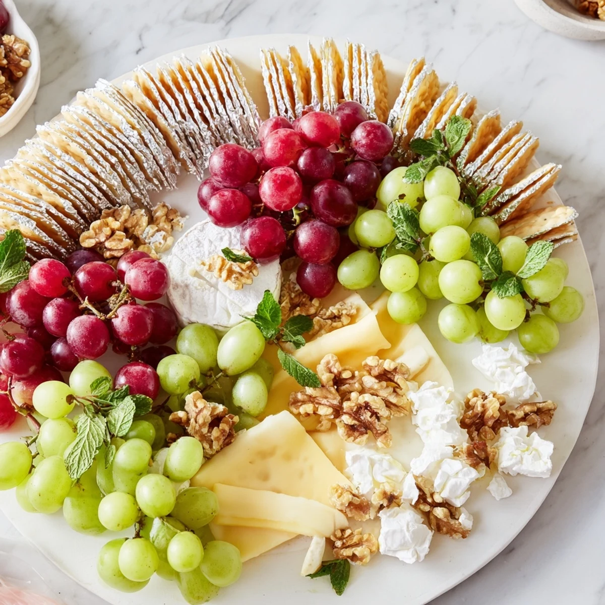 A visually stunning Sparkling Grape and Silver Cracker Platter, perfect for a New Year's Eve appetizer.