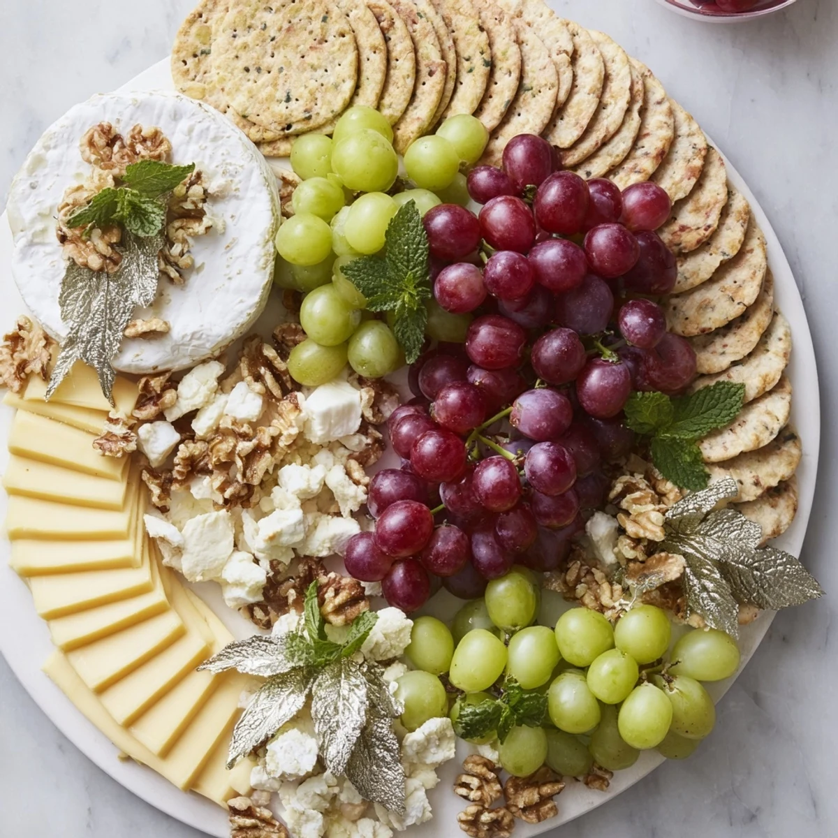 Luscious grapes and creamy cheeses adorn this elegant Sparkling Grape and Silver Cracker Platter ready for serving.