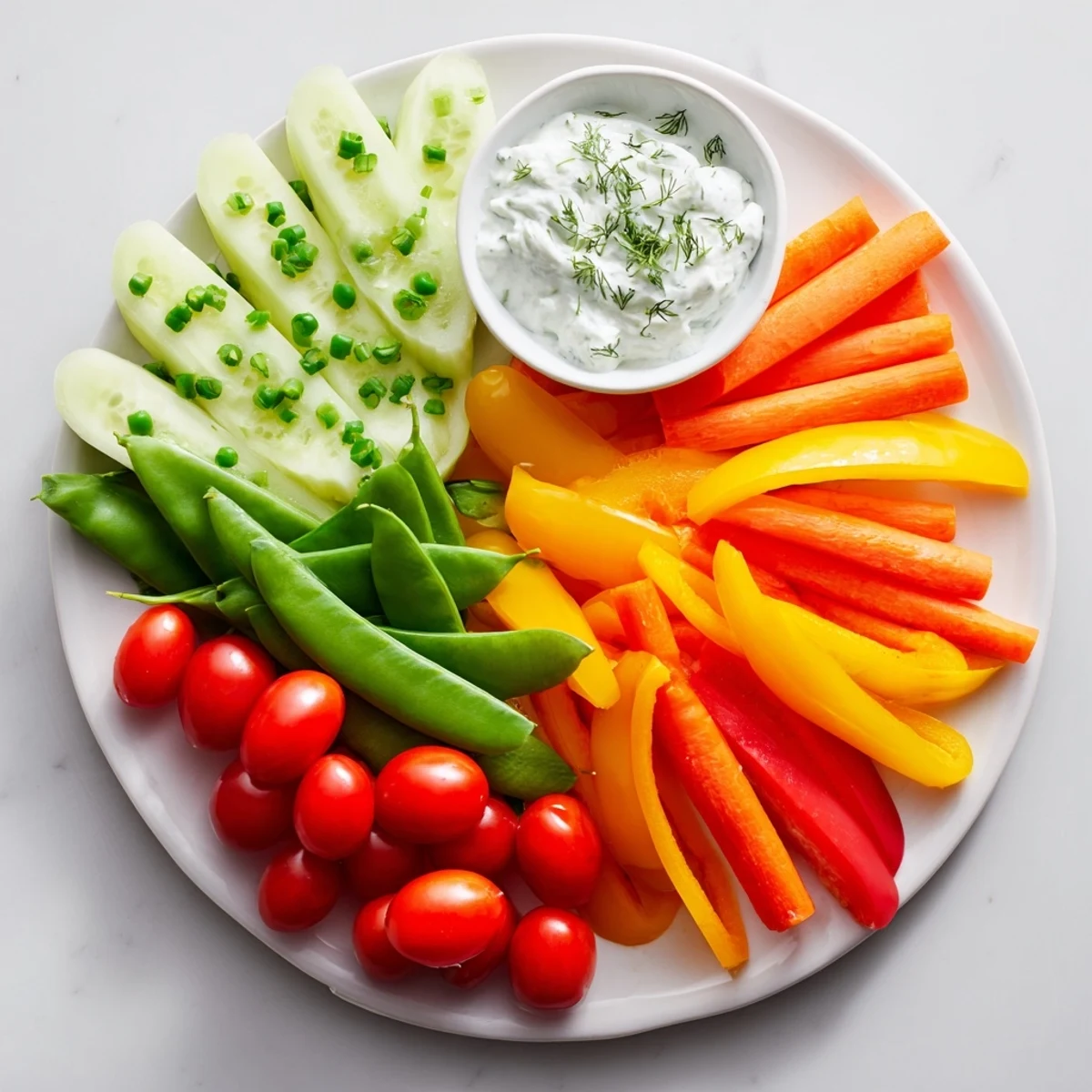 Vibrantly arranged Veggie Platter with crisp cucumbers and carrots, perfect for a refreshing appetizer.