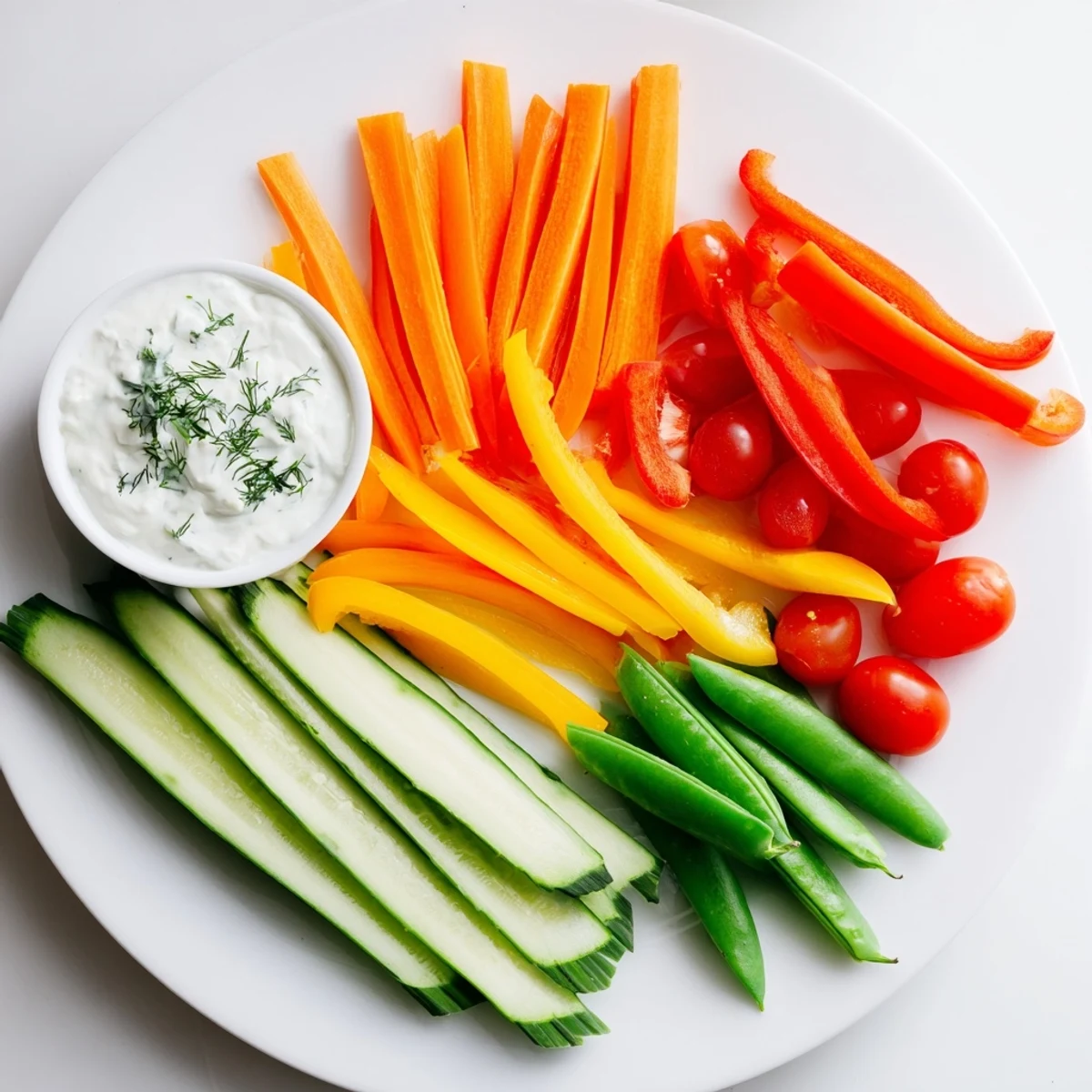 A beautiful fan-shaped Veggie Platter appetizer, featuring a creamy yogurt dip and colorful veggies.
