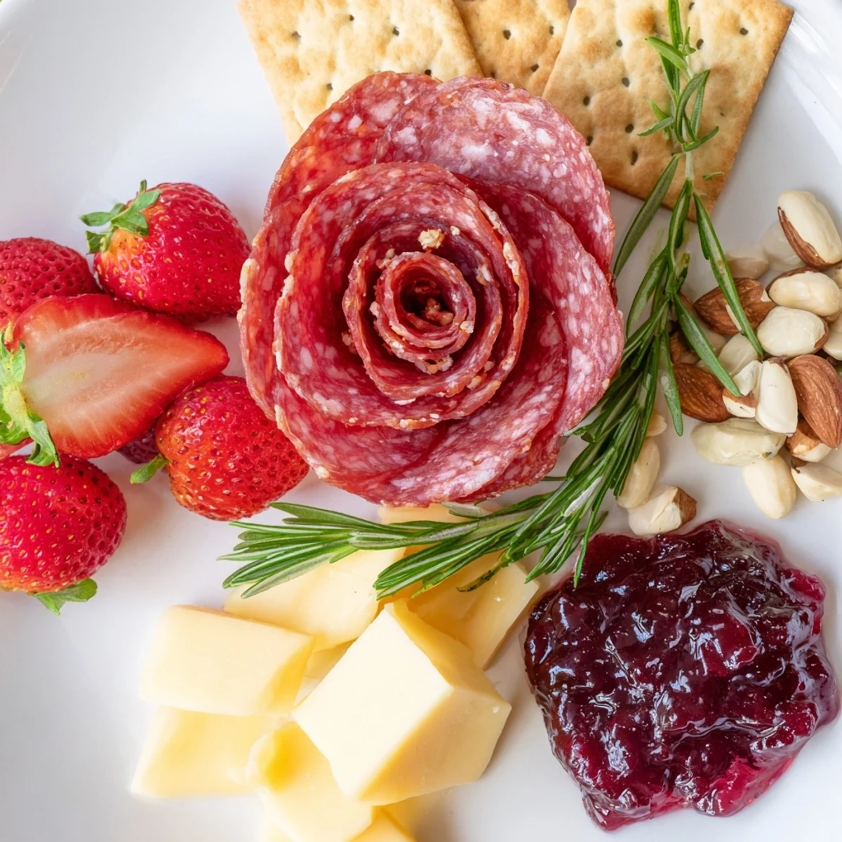 Artfully arranged Easy Charcuterie features a salami rose, offering a delightful blend of textures.