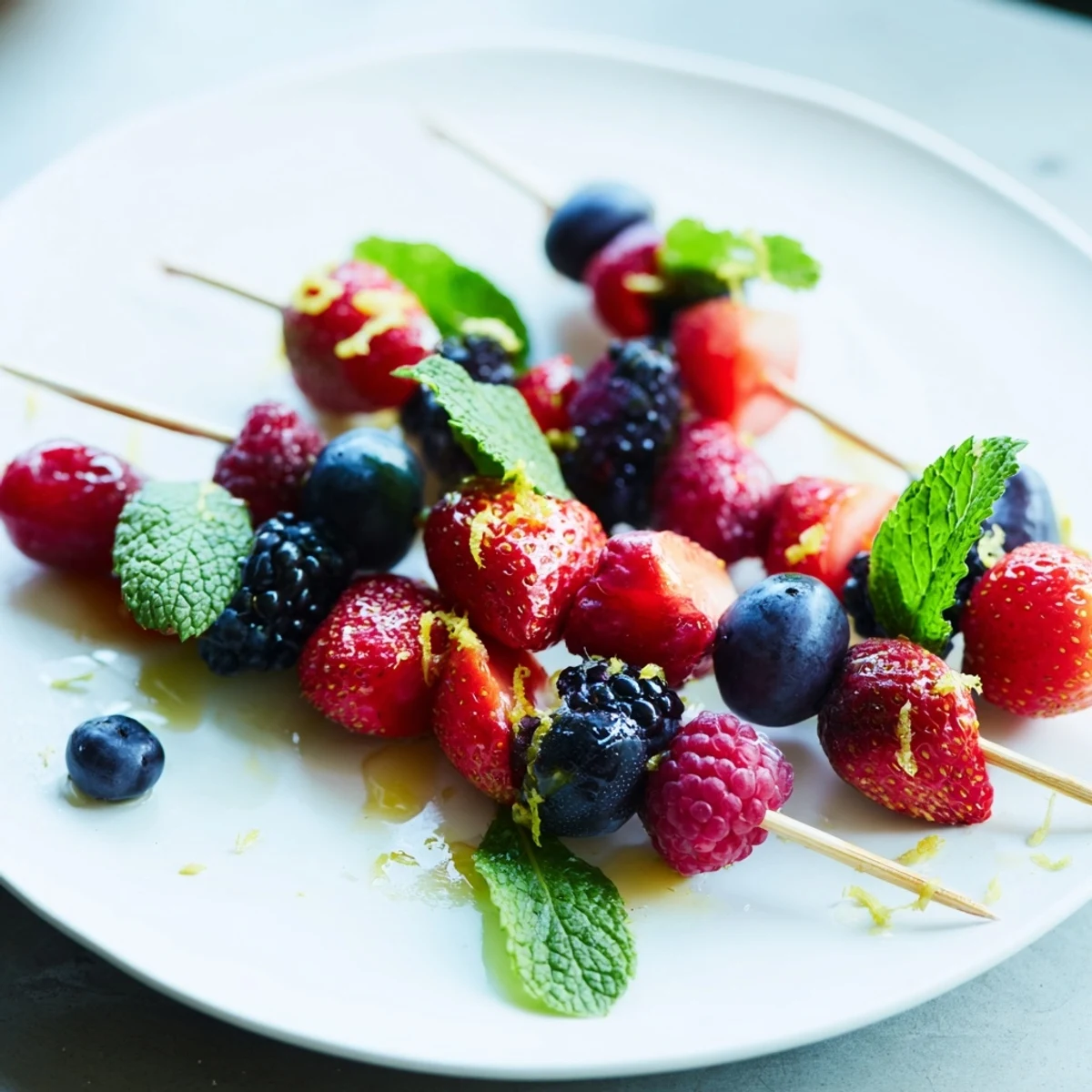 Vibrant Fruit Skewers with juicy berries, a light drizzle, and mint leaves for a summery treat.