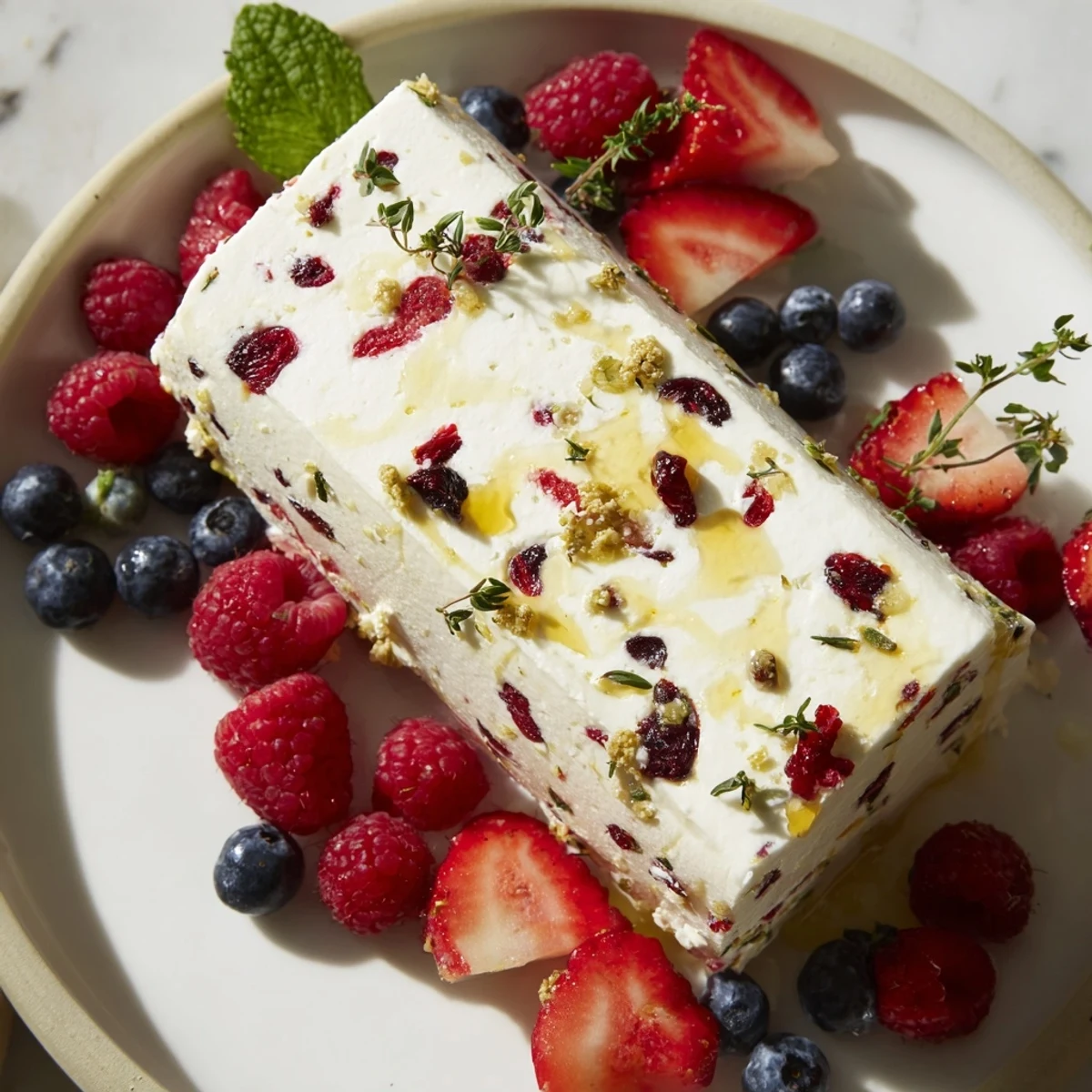 Cranberry & goat cheese log with vibrant berries: a creamy, festive appetizer ready to serve.