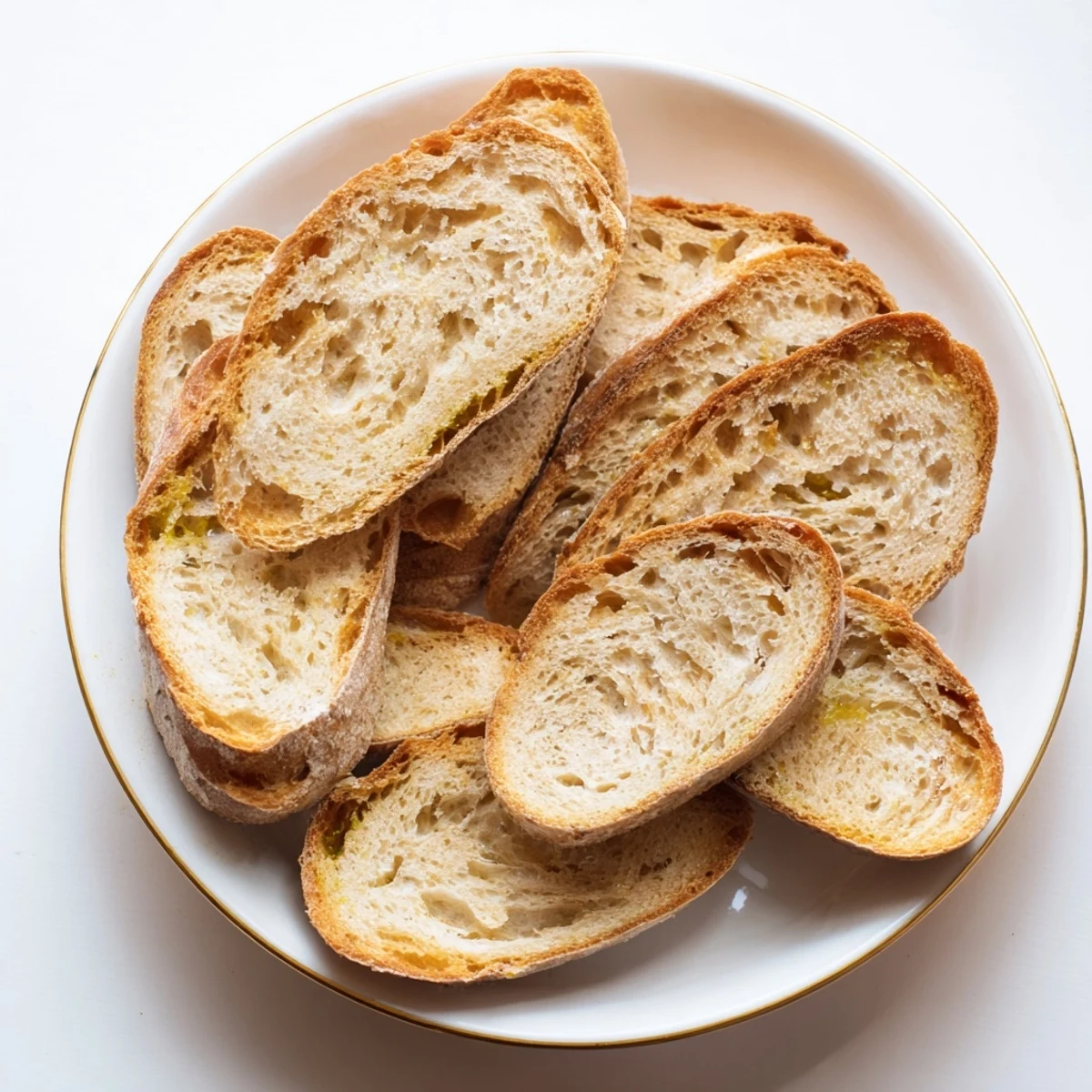 A warm, inviting image of a ring of baguette slices, perfect with a garlic-infused olive oil glaze.