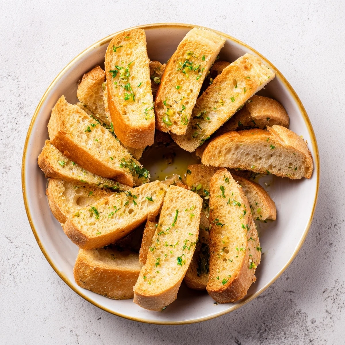 Freshly baked baguette slices artfully circle on a baking sheet, ideal for dipping with soups.