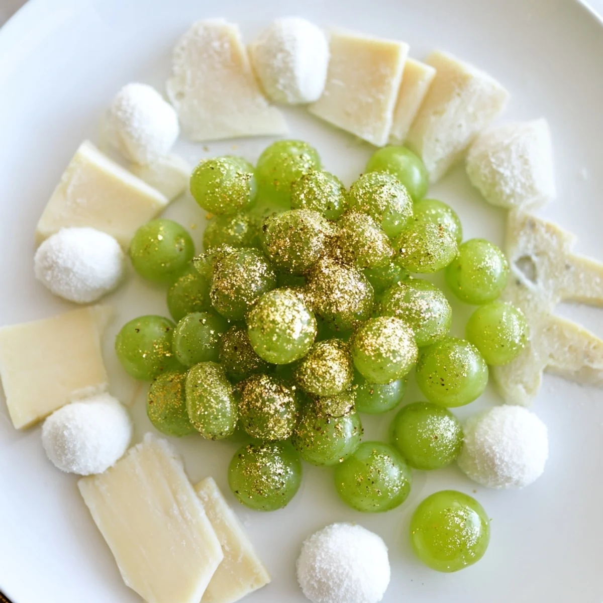 Elegant Sparkling Champagne Toast appetizer platter with glistening grapes and creamy cheeses displayed attractively.