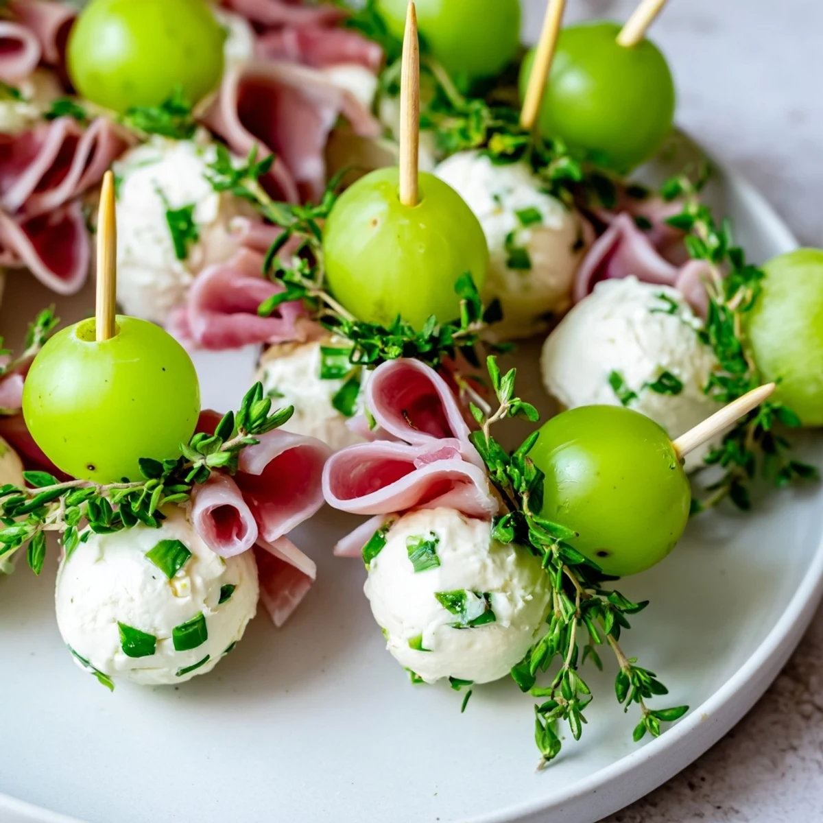 The vibrant Mistletoe Kissing Ball appetizer features cheese balls, grapes, and prosciutto for a festive holiday dish.