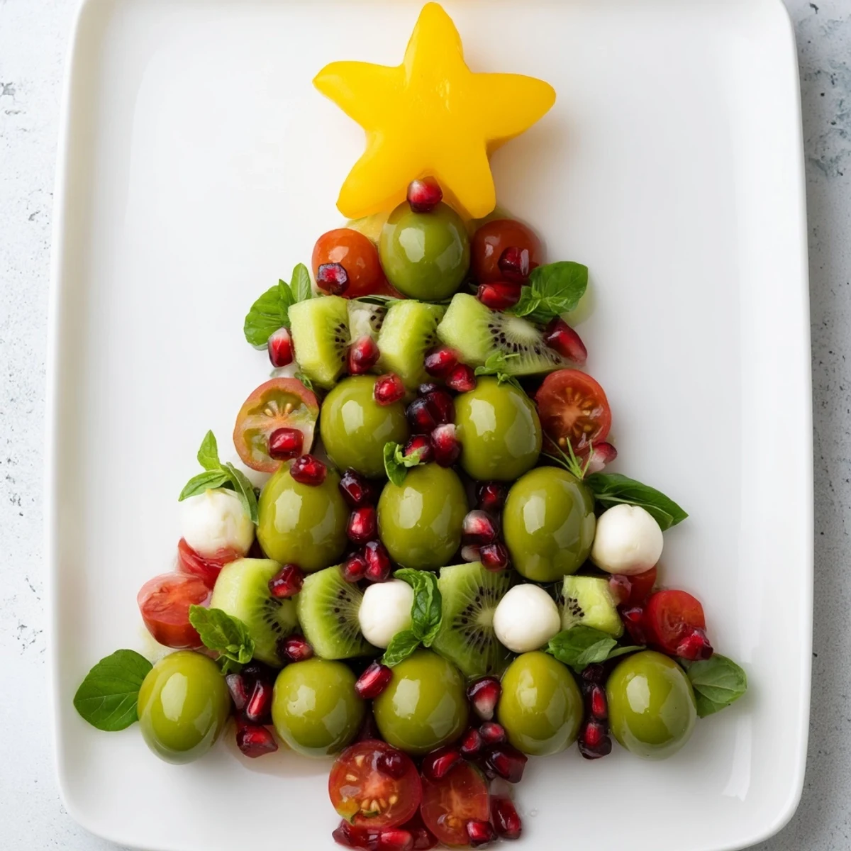A Christmas Tree Triangle Board is visually stunning with vibrant green grapes and olives.