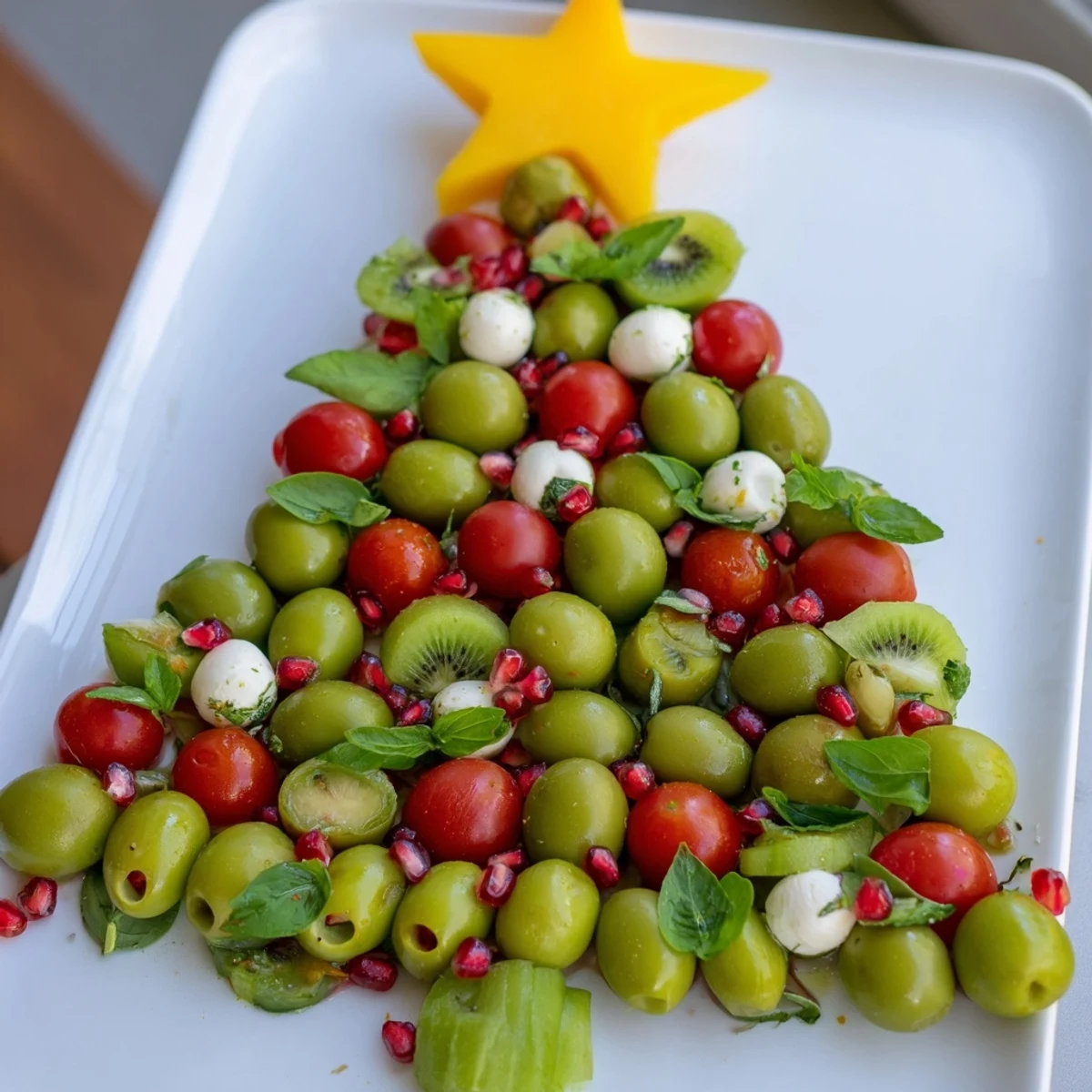 This festive Christmas Tree Triangle Board displays colorful toppings like pomegranate and mozzarella balls.