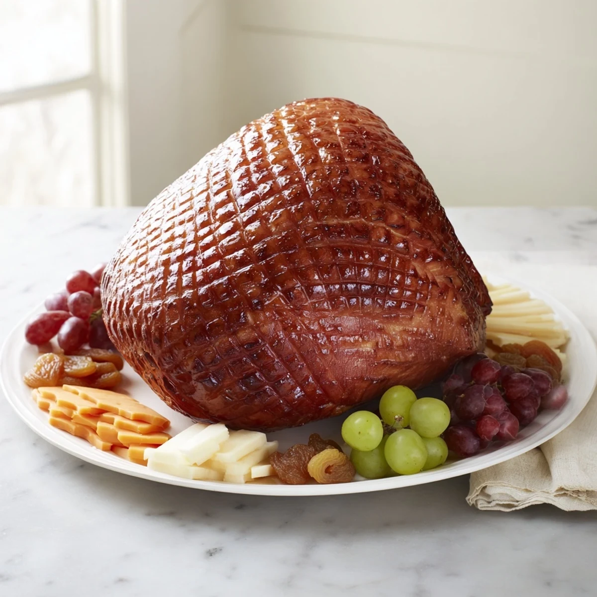 Luscious Glazed Ham Centerpiece Board, piled high with cheese, olives, and fresh fruit for a crowd.