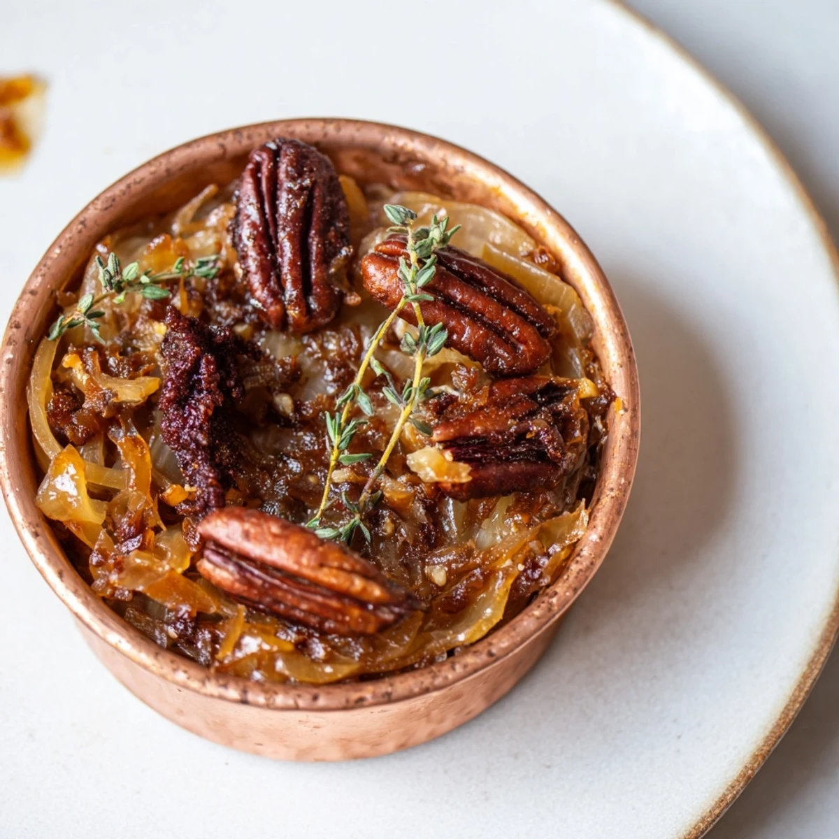 A close-up of The Copper Kettle, a gorgeous appetizer with glistening dates and savory onions.