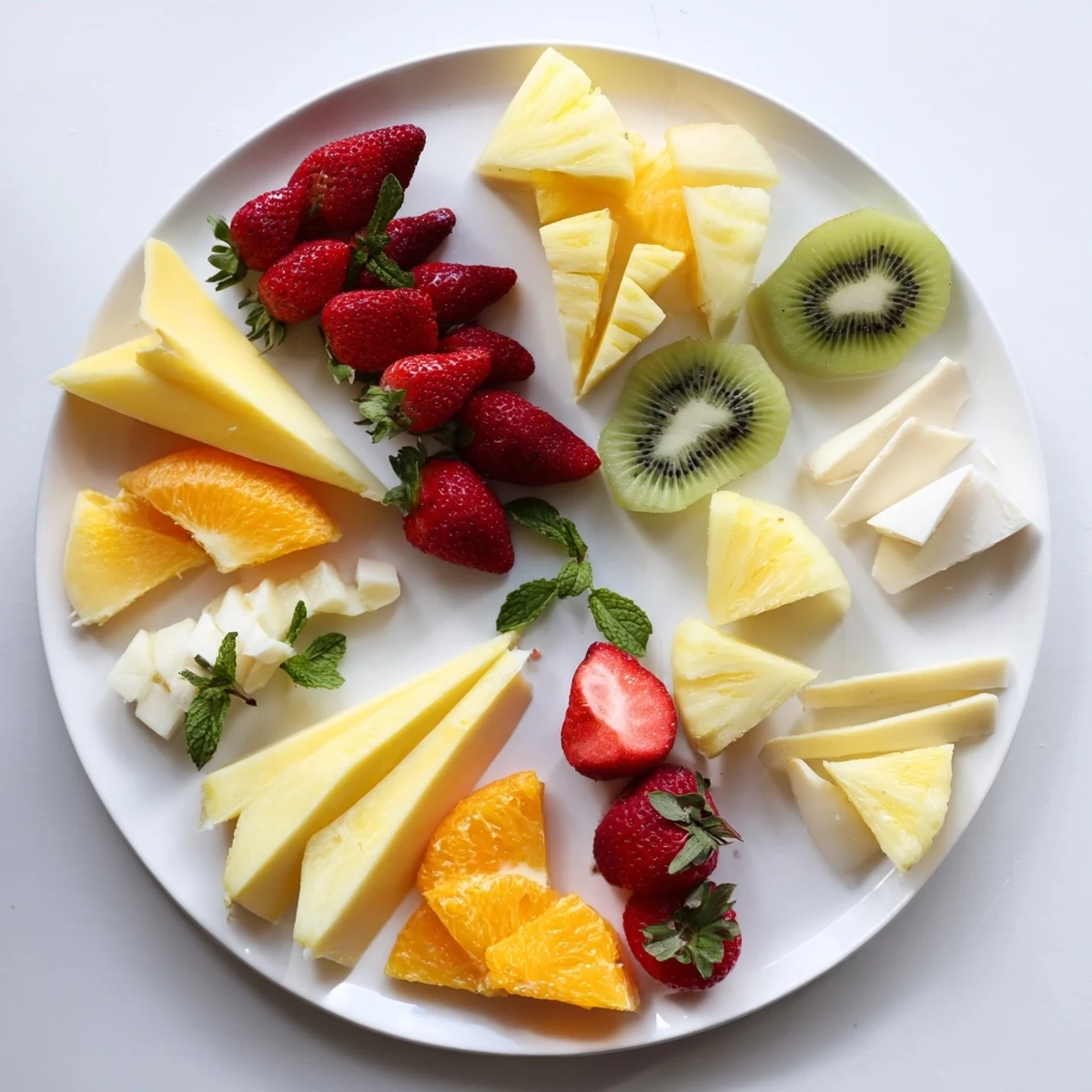 A vibrant Kaleidoscope Circle appetizer with colorful fruit and artisan cheese wedges displayed.