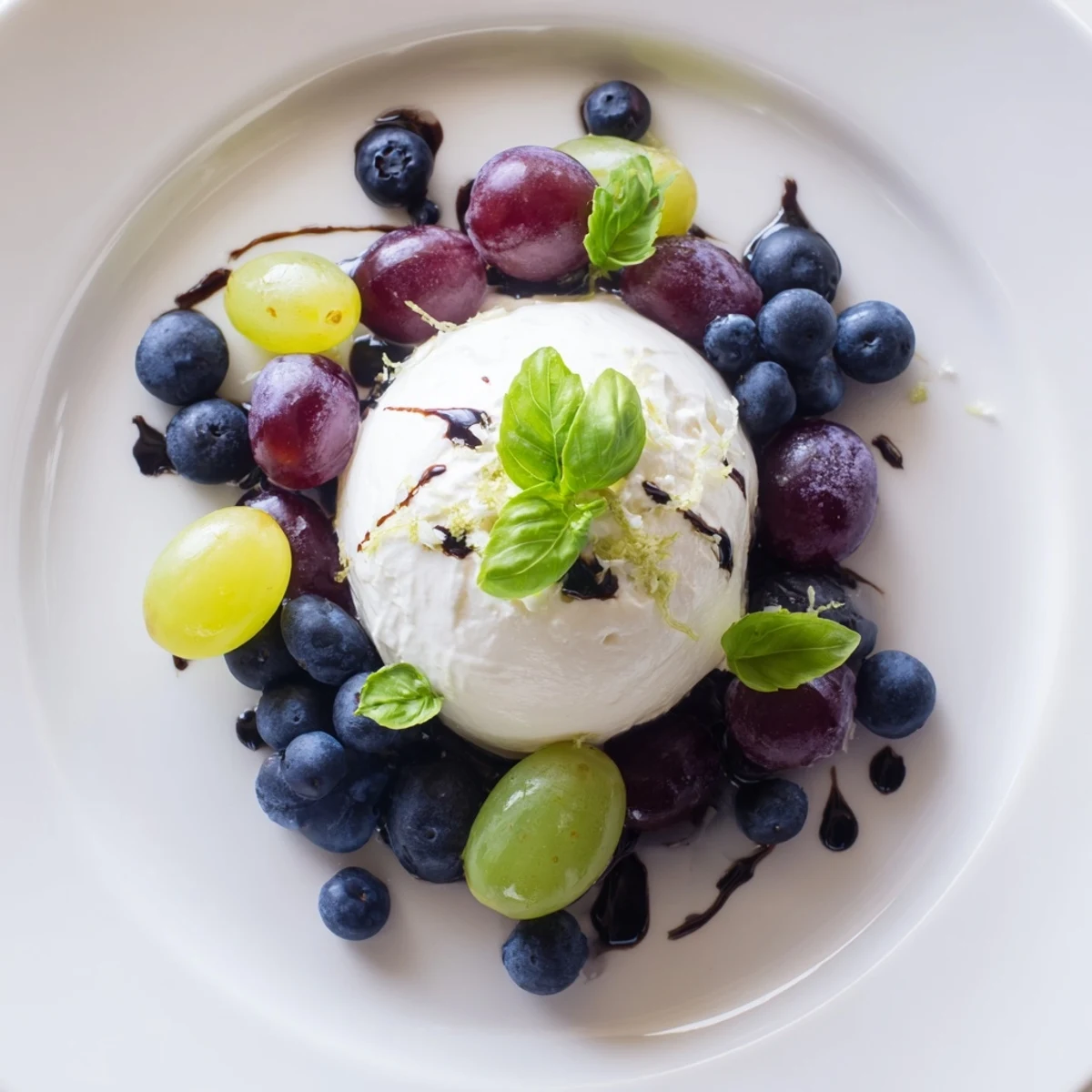 The Moonlit Lagoon salad with creamy burrata, juicy grapes, and blueberries, drizzled with balsamic.