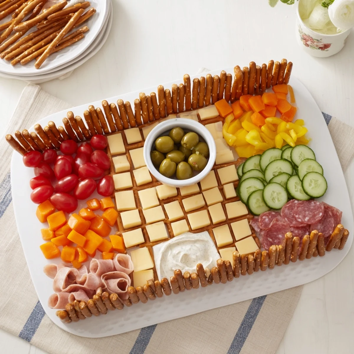 The Urban Grid snack platter featuring colorful cheeses, veggies, and meats, perfect for sharing.
