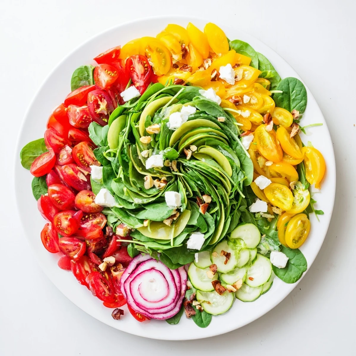 Bright, flavorful Fibonacci Fan Salad, with a stunning spiral arrangement and creamy avocado.