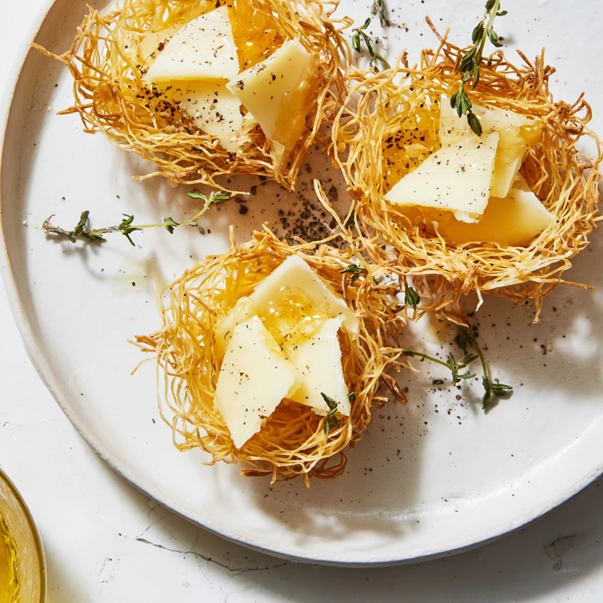 Golden, crispy phyllo nests holding rustic farmhouse cheeses; this Rustic Barnyard appetizer is delightful.