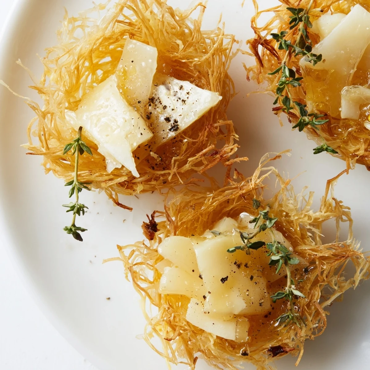 A close-up of The Rustic Barnyard showcases golden phyllo hay and various appetizing cheese wedges.