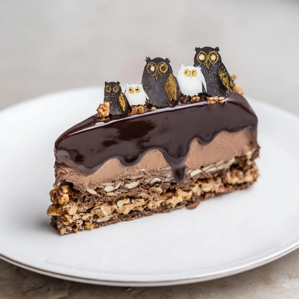 Elegant Plaisirs Sucrés Hibou de la Nuit entremets, the smooth chocolate dessert features praline crunch.