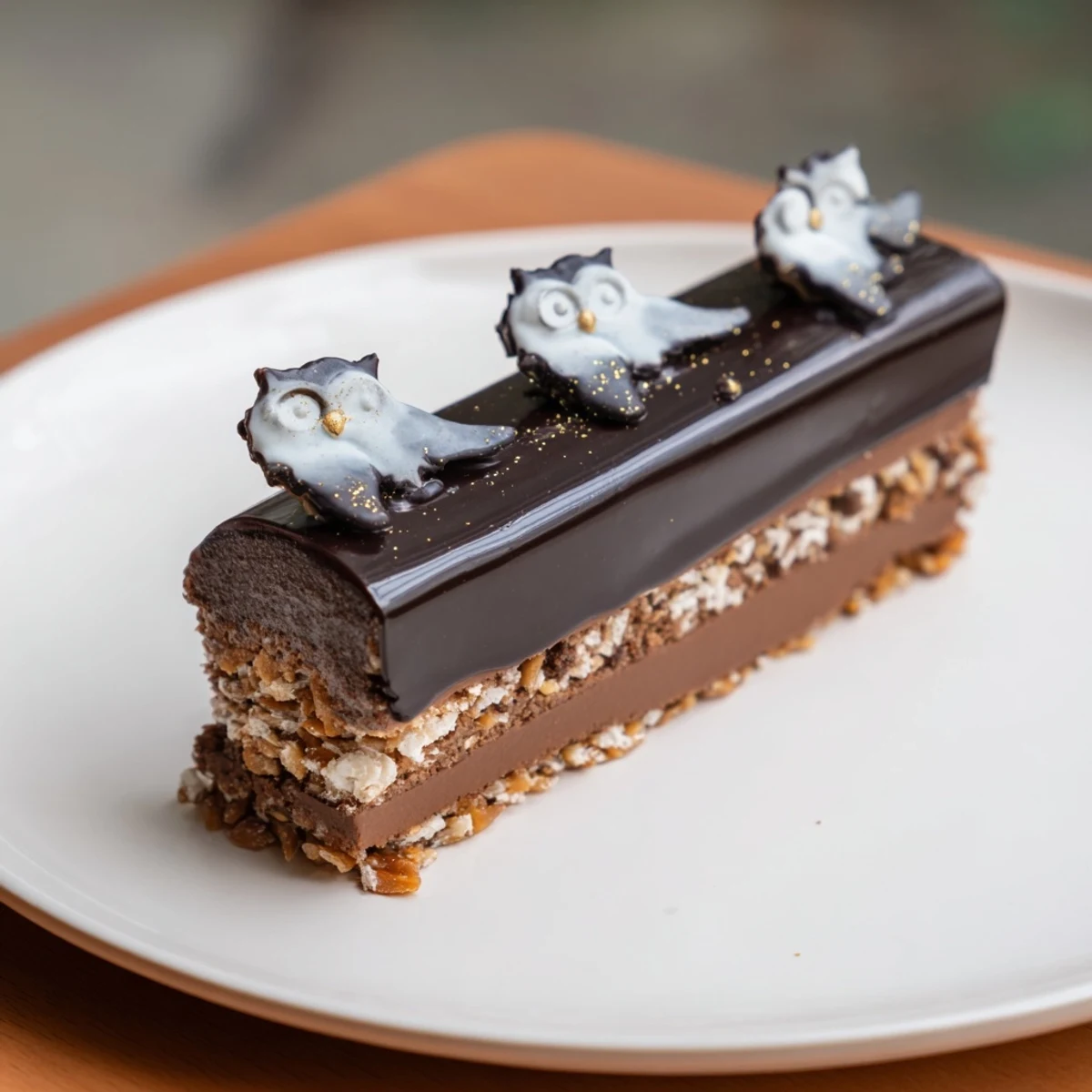 This decadent Plaisirs Sucrés Hibou de la Nuit entremets offers layers of rich chocolate mousse and dacquoise.