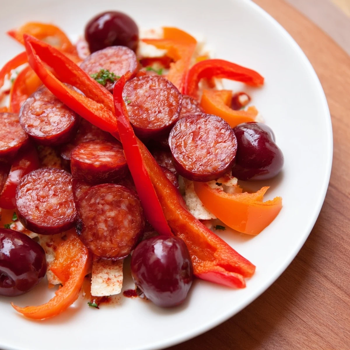 Delicious The Crimson Tide recipe showcases spicy chorizo, cherries, and peppers with a drizzle for guests.