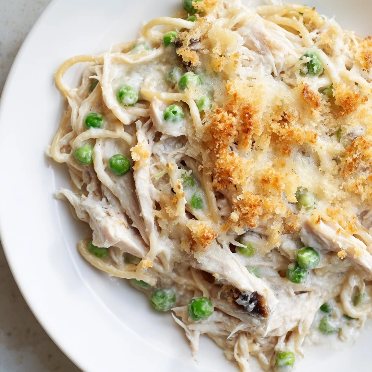A bubbling baking dish of Turkey Tetrazzini, a comforting pasta casserole with a browned, cheesy top.