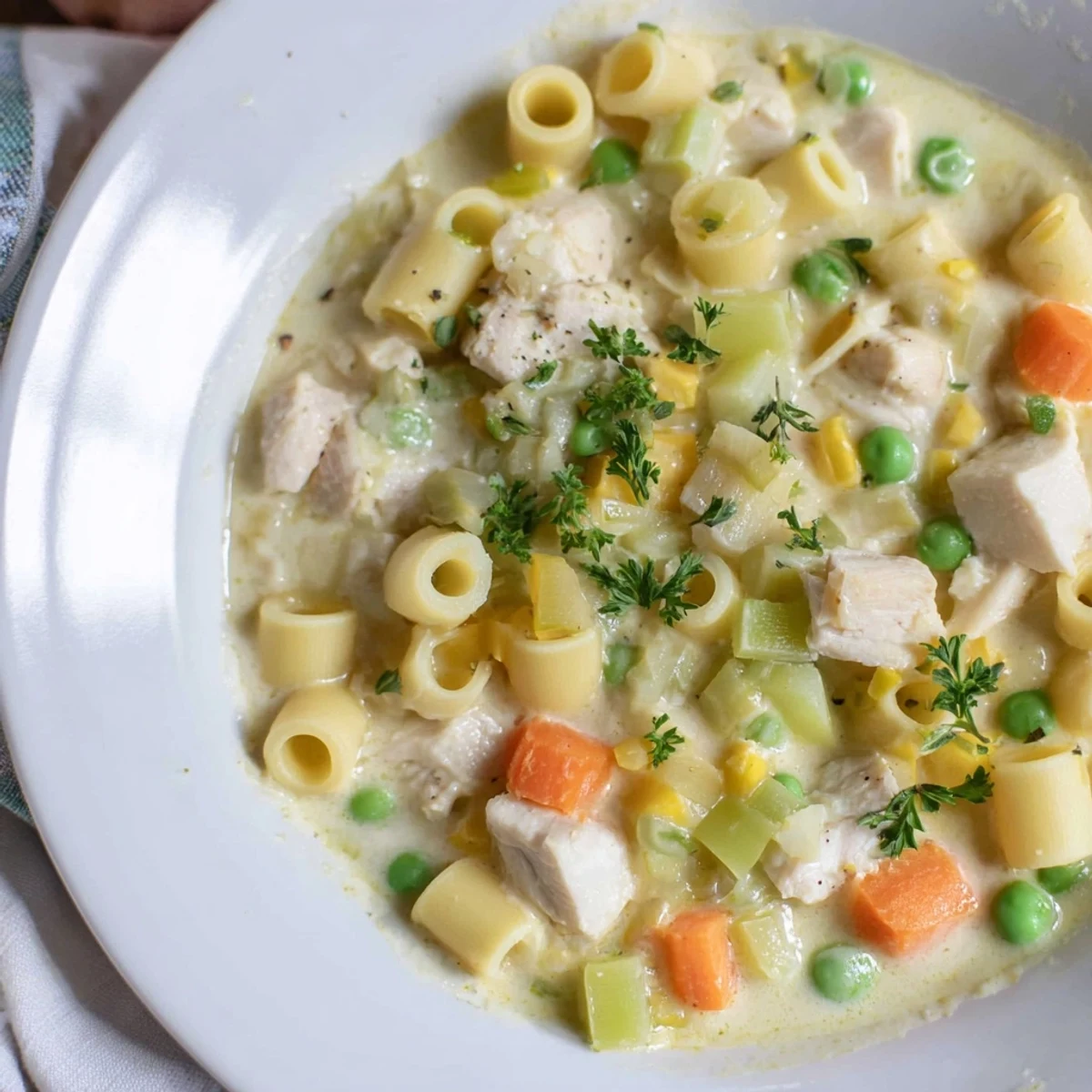 Hearty Chicken Pot Pie Pasta Soup featuring shredded chicken and ditalini pasta in a rich, flavorful broth.